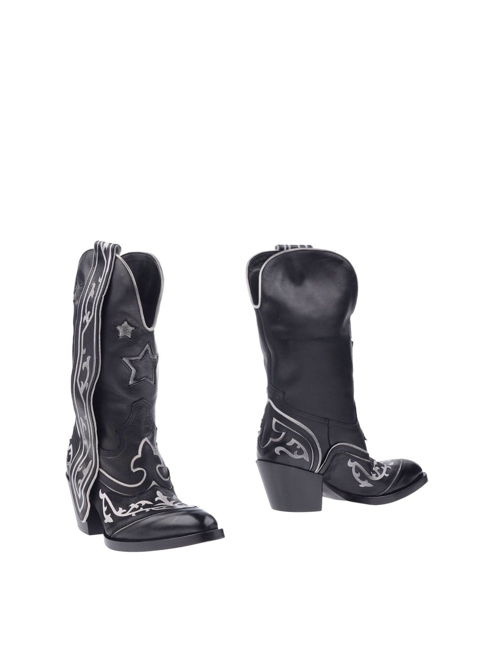 Black Western Embroidered Mid-Calf Heeled Boots